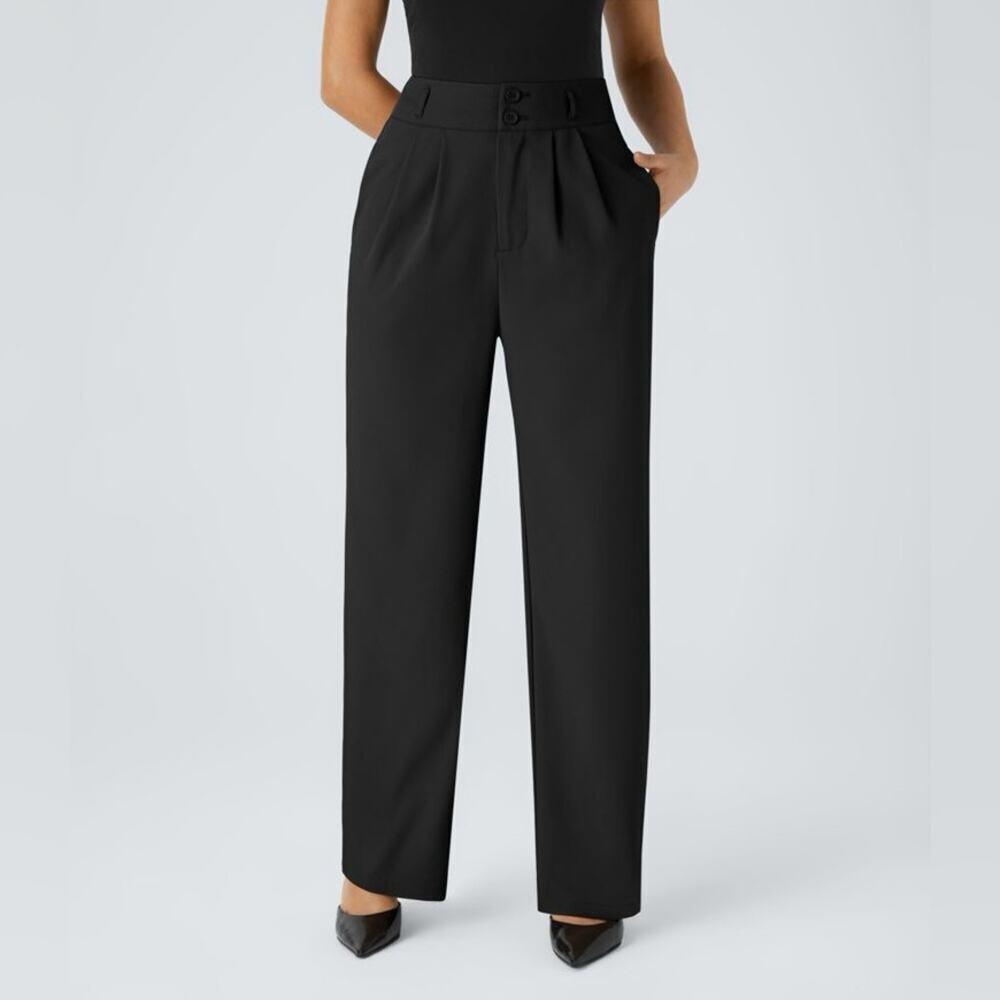 Halara High Waisted Button Zipper Pocket Shirred Straight Leg pant